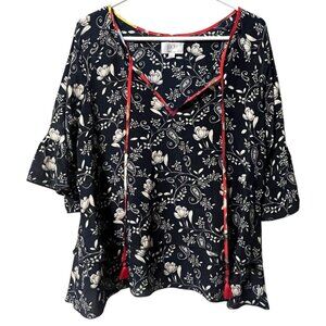 Jade By Johnny Was Susila Silk Tiered Blue White Floral Print‎ Blouse Size Small